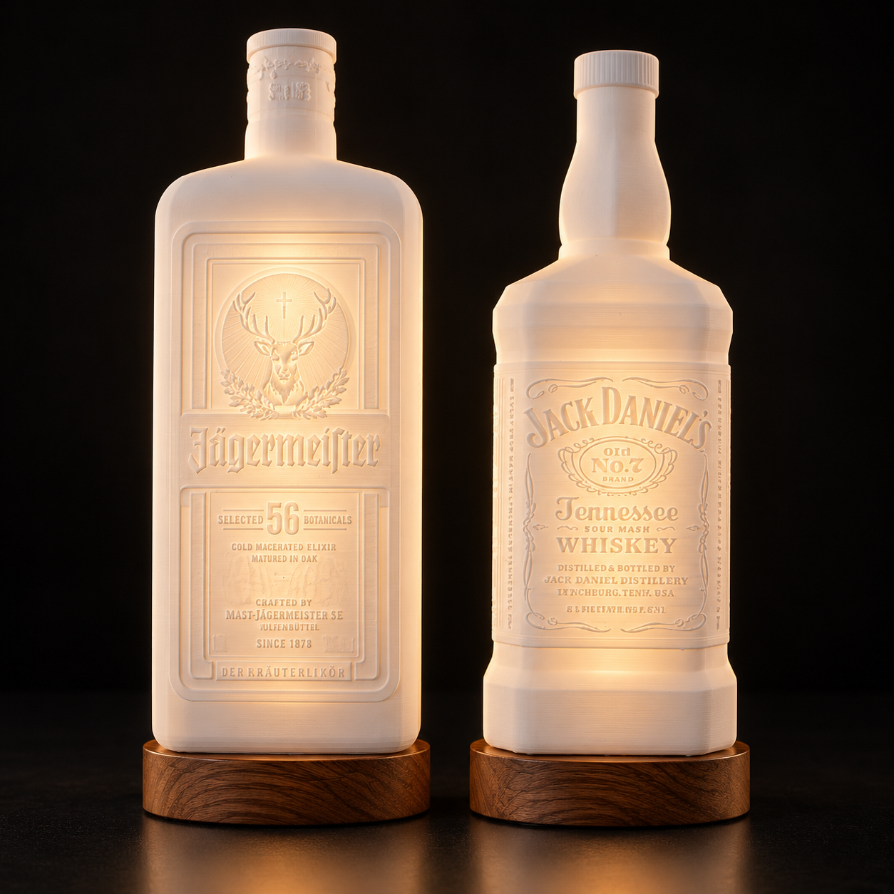 Lysende flaskelamper, Jägermeister og Jack Daniel's