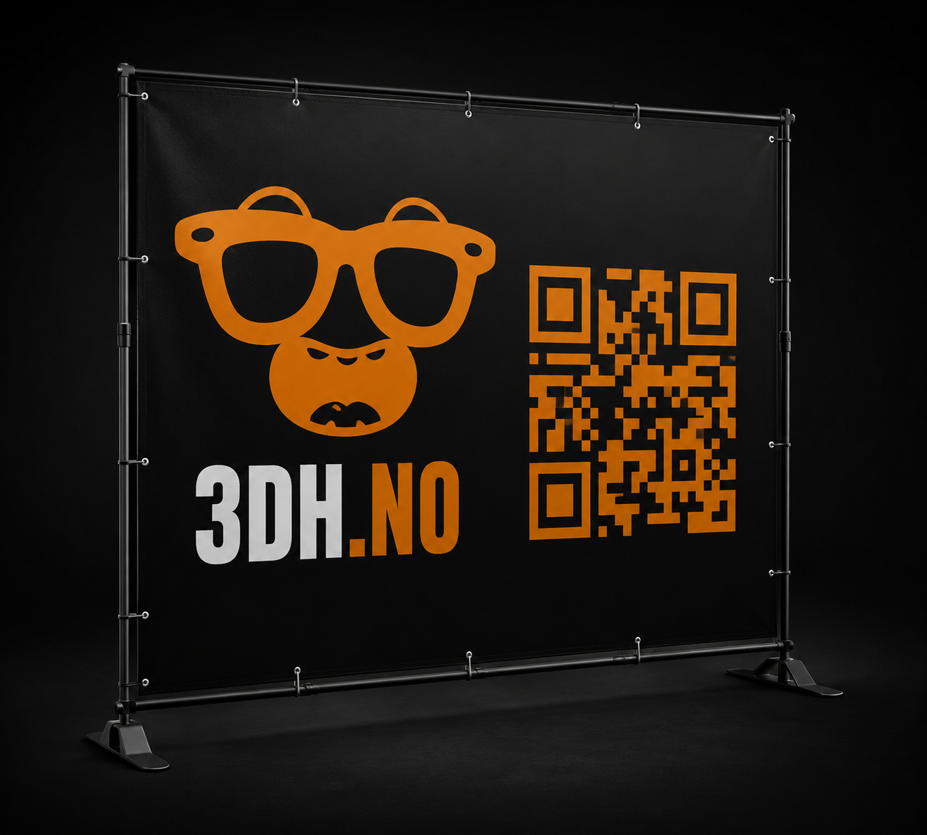 Bannermockup med 3D Home logo og QR-kode
